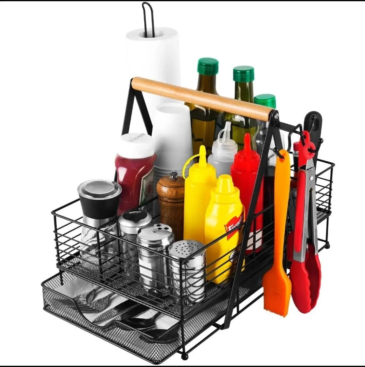 Portable Barbecue & Outdoor Camping Utensil Caddy - Rectangle Kitchenware Organizer with Adjustable Compartments, Drawer, Storage Racks for Hiking Adventure Cooking Supplies Accessories