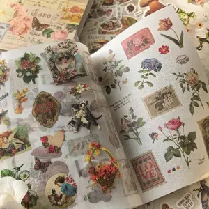Vintage Sticker Book with Plants Mushrooms Farmhouse Designs, PVC Paper Material, DIY Crafts Decorations, Scrapbooking, Back-To-School Supplies, Vintage Theme