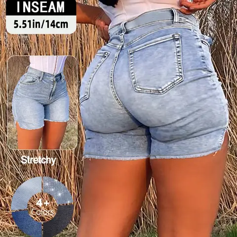 GILIPUR Women's Light Blue High Waist Elasticity Pocketed Denim Shorts, Y2K Vintage Side Split Frayed Hem Mid Length Jean Shorts, Casual Streetwear Slim Fit Shorts for Summer, Beach & Daily Wear TChic