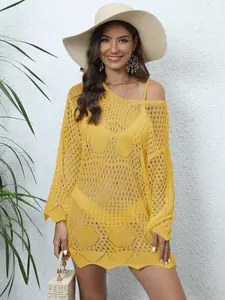 Women's Solid Color Crochet Cover Up Dress, Casual Long Sleeve Boat Neck Cover Up Dress for Beach Holiday Vacation, Ladies Swimwear for All Seasons, Swimwear Coverups