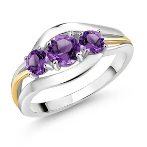 Purple Amethyst 3 Stone Ring For Women | 925 Sterling Silver and 10K Yellow Gold | 0.98 Cttw | Round 5MM and 4MM | Wedding Engagement Anniversary Promise Ring For Women