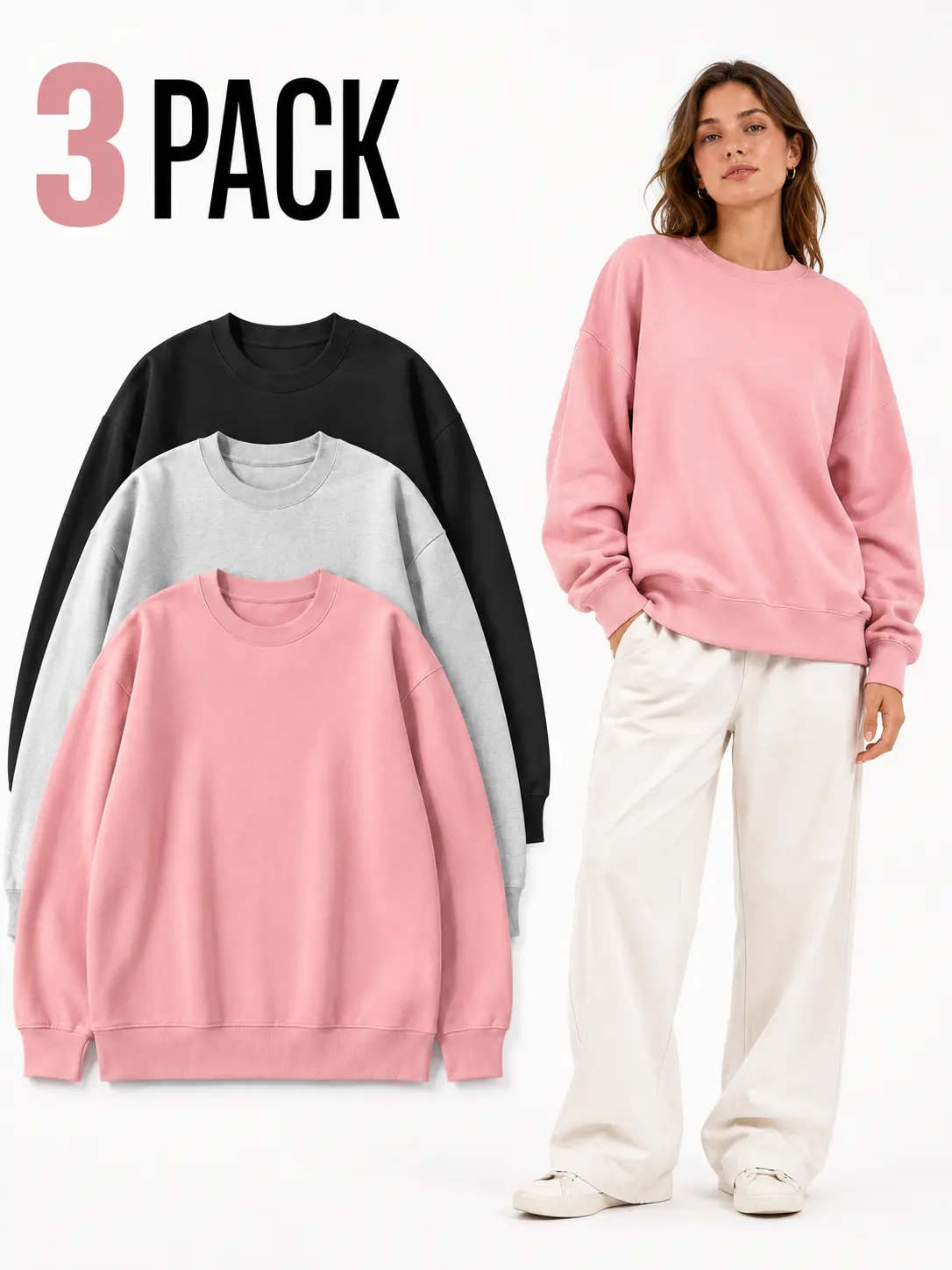 Women's 3-Pack Minimalist Heavyweight Crewneck Sweatshirts - Relaxed Oversized Long Sleeve Pullover Tops with Ribbed Trim, Soft Fabric for Casual Fall Wear