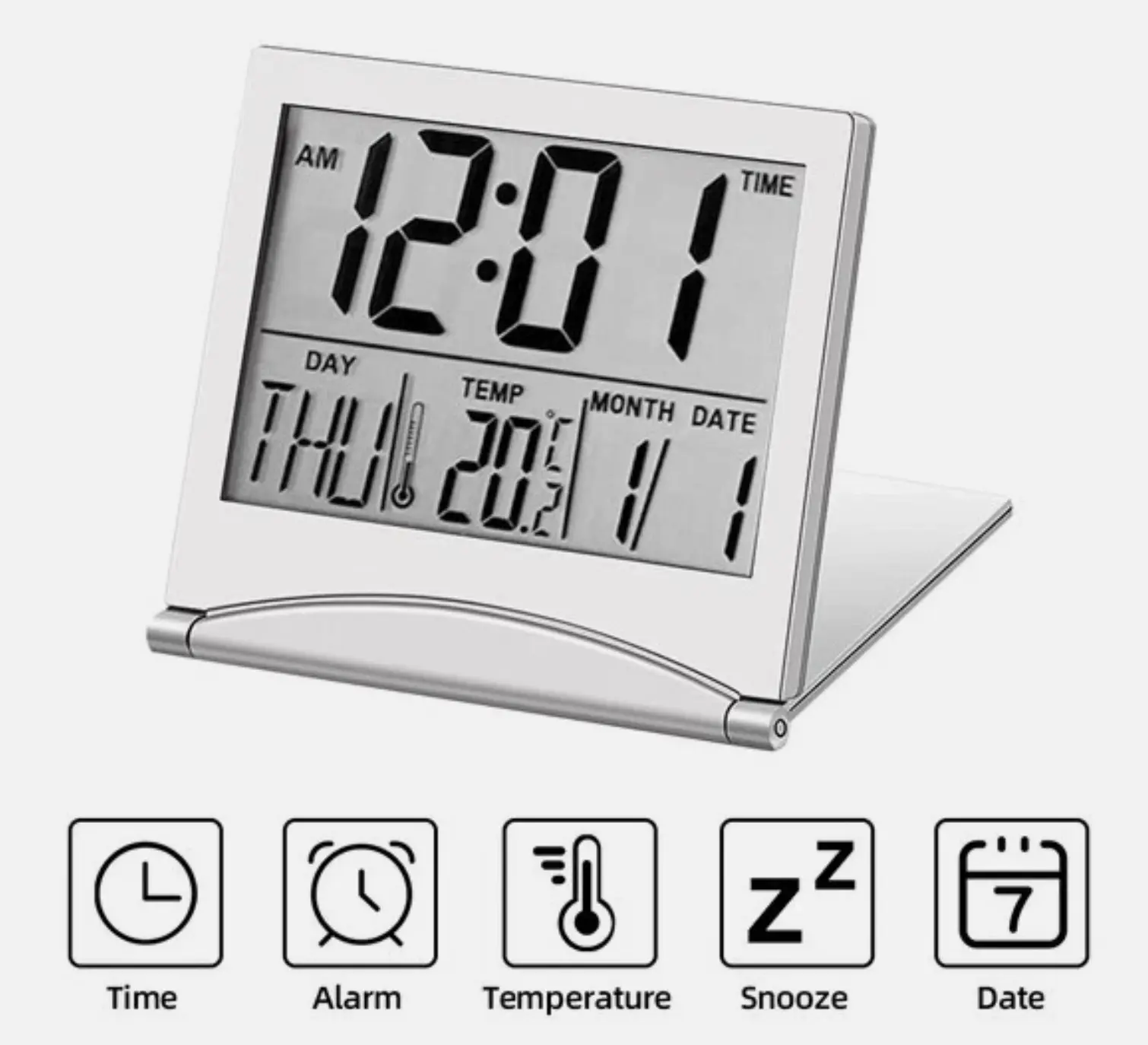 LCD Digital Lightweight Travel Alarm Clock - Foldable, Compact, with Temperature Display, Timer & Alarm for Desk Use