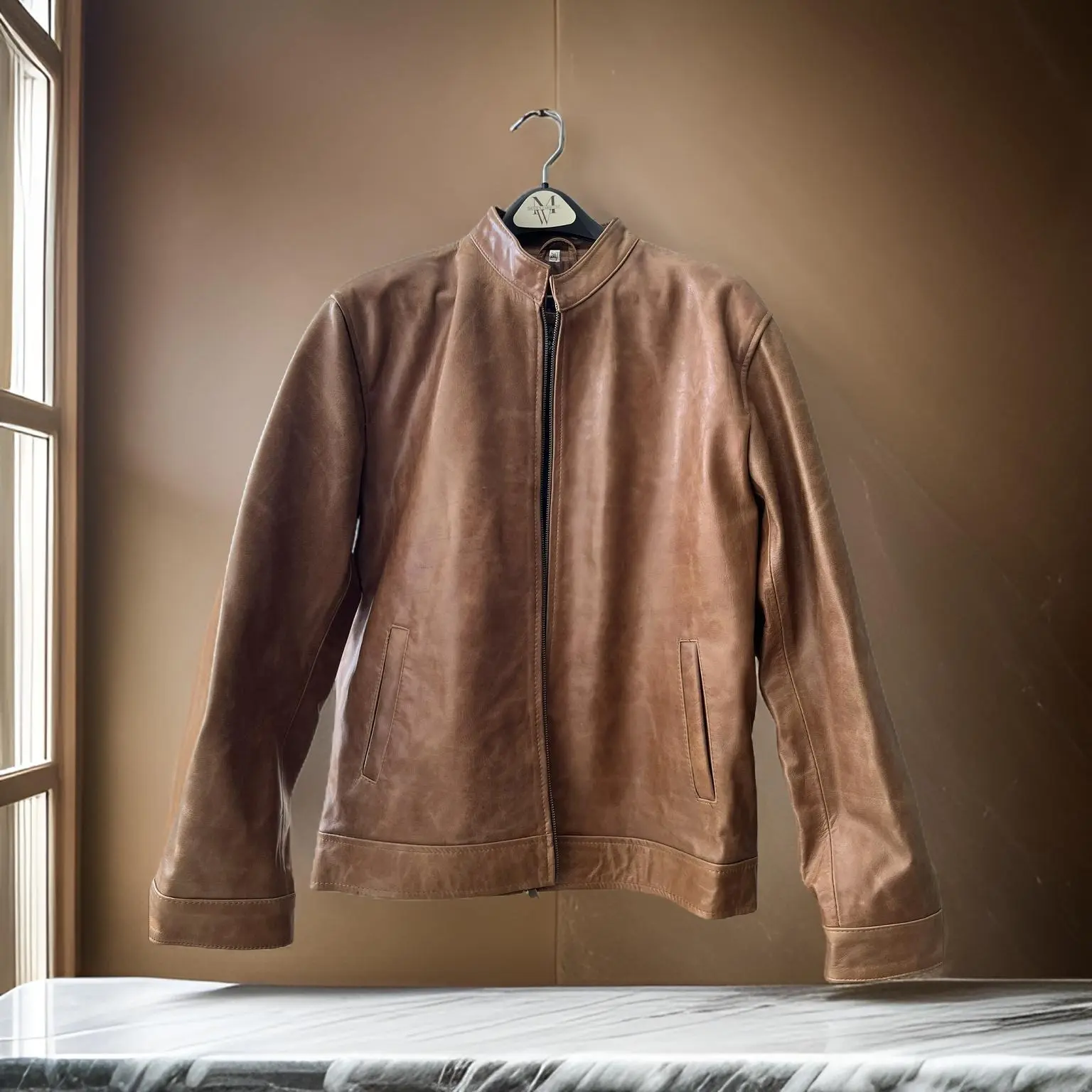 Premium Men's Genuine Leather Jacket - High Quality Craftsmanship - Toffee Brown - Large Size. Made from Pure Leather