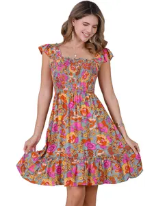 INSPIRE CHIC Women's Square Neck Ruffle Floral Dresses Summer Smocked Dress Sage