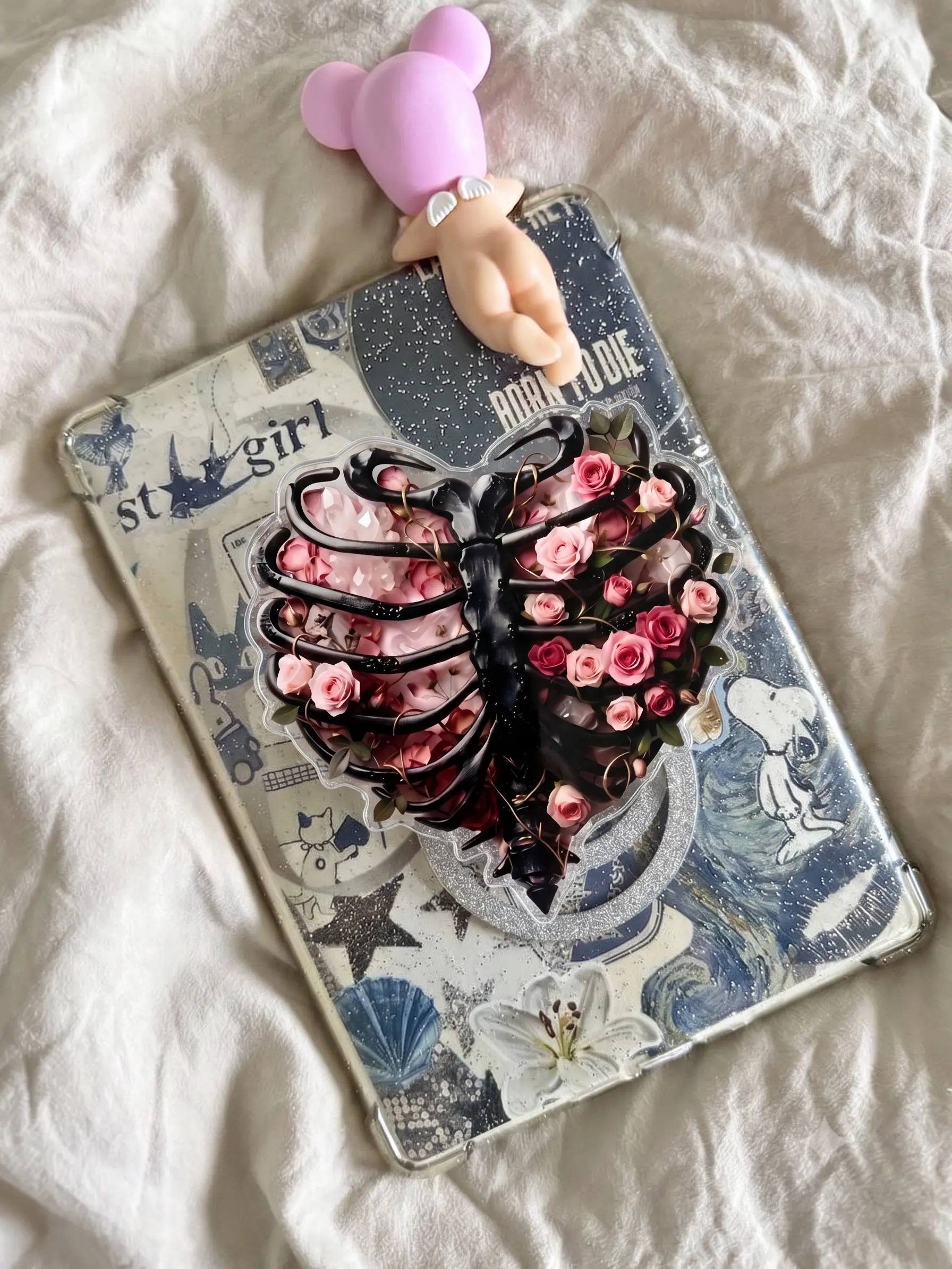 Gothic Ribcage Heart Phone Grip Acrylic Cute Floral Skeleton Web Holder Pastel Goth Phone Stand Accessory Gothcore Romantic Rose Flower Phone Holder Aesthetic Phone Finger Grip Charm Gift for Her