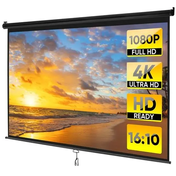 Portable Projection Screen - Black Steel Shell, 16:10 HD Pull-Down, Foldable Wall-Mount Indoor Tables & Desks Furniture Accessory