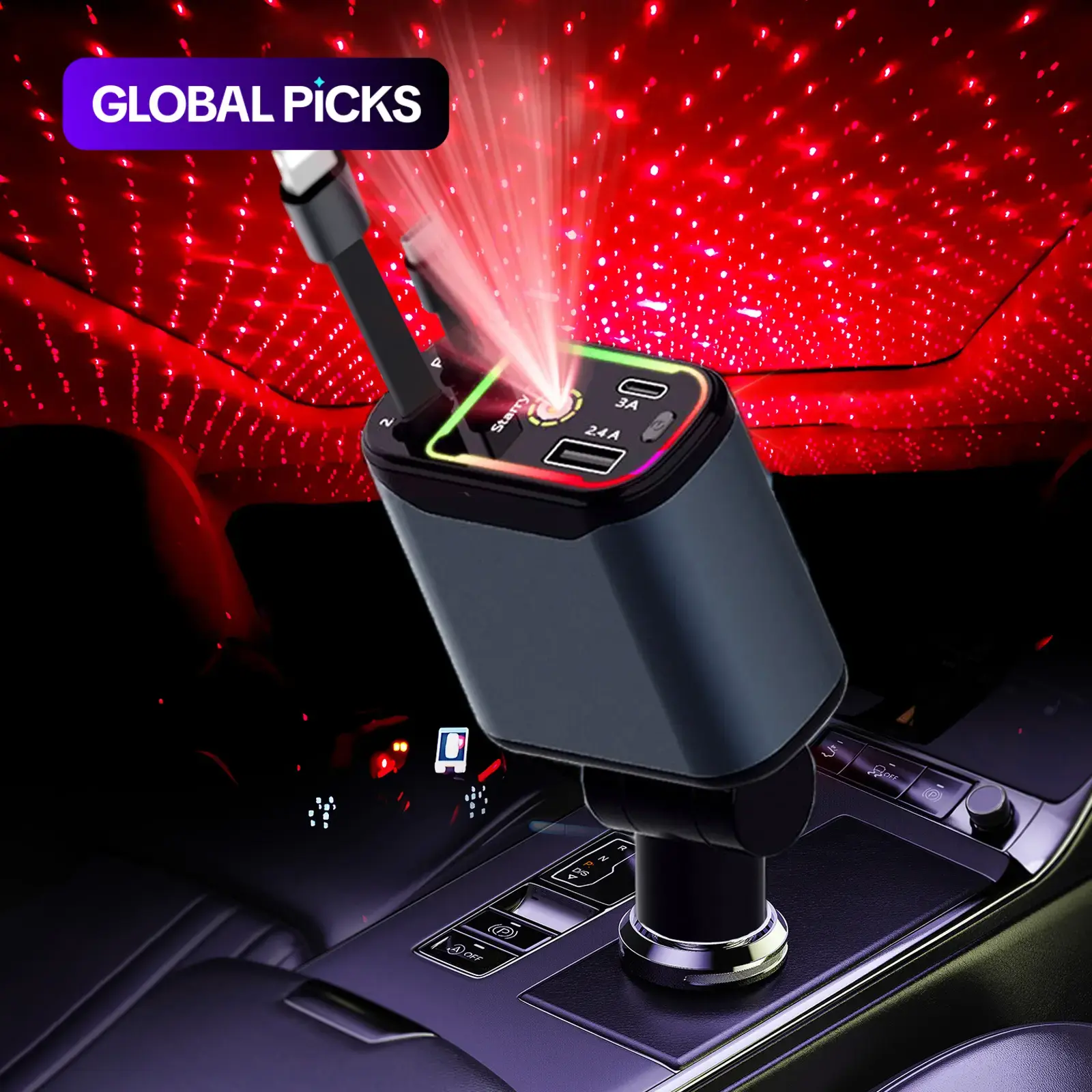 4-in-1 Retractable USB Car Charger with 66W Fast Charging Solution, High Speed Charger, Star Projector Night Light, LED Ceiling Light, and 2.6 ft Retractable Cable #GLOBAL PICKS