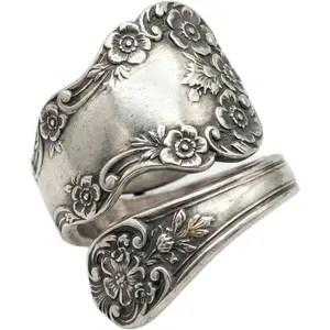 Spoon Ring for Women Vintage Silver Floral Flower Rings Wide Wrap Boho Circling Rose Cluster Rings Adjustable Extendable Wedding Finger Ring Retro Jewelry for Women Men