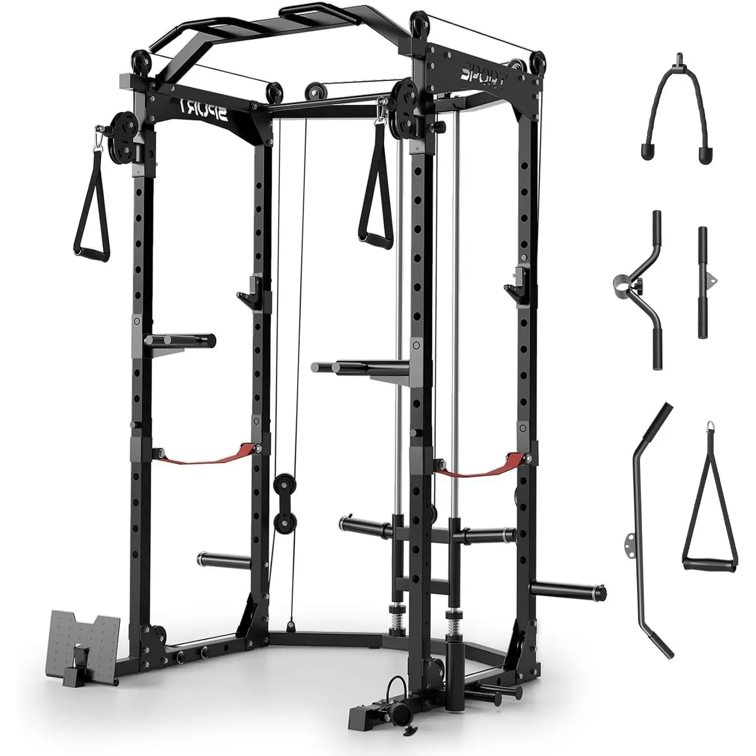 All-in-One Power Cage with Cable System, 2000LBS Heavy Duty Squat Rack with Multi-Grip Pull Up Bar, J-Hooks & Landmine, Multi-Functional Home Gym Equipment for Full Body Workout, Includes 20+ Training Accessories