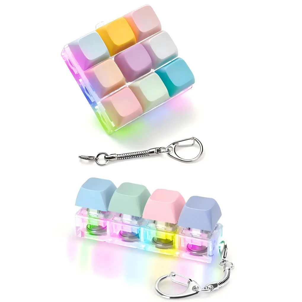 4+9 Key Light Up LED Mechanical Keyboard Fidget Toy Keychain Mini Pastel Macaron Color Clicky Push Bubble Sensory Toy Stress Anxiety Relief for Kids Adults Work Pass Time Fidget Gifts Portable summerwins