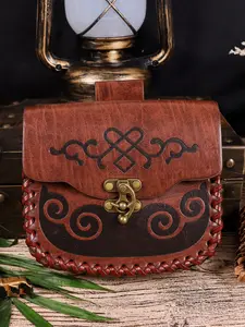 1pc Medieval Retro Print Bag PU Leather Belt Pouch For Renaissance Fantasy Goth Small Waist Bag Waist Packs Halloween Viking Faire LARP Forest Cosplay Prop