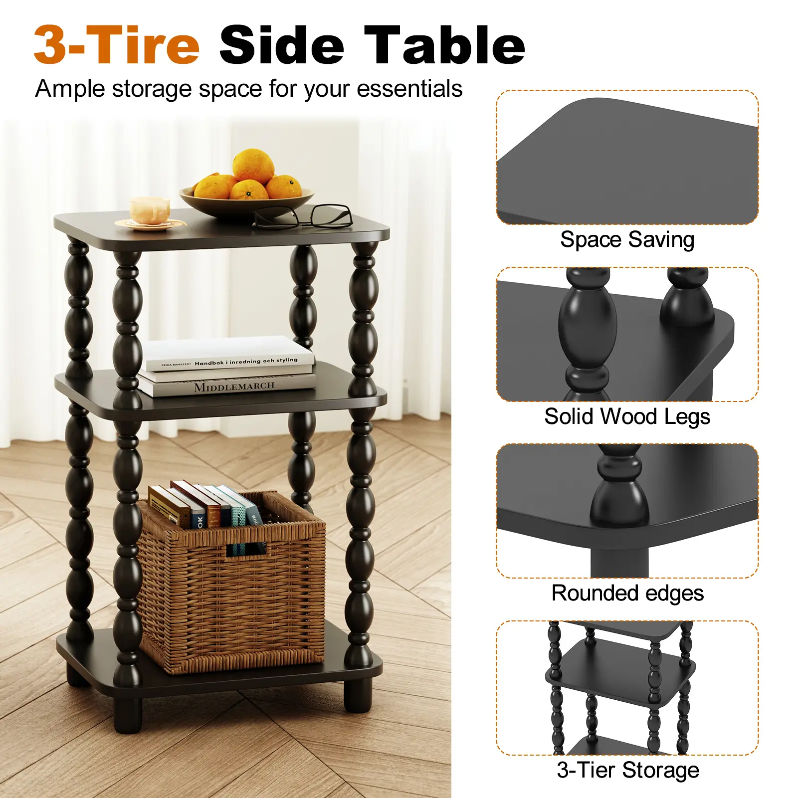 Side Table, Retro End Table with 3 Tier Shelf, Small Couch Side Table for Living Room, Vintage Farmhouse End Table, Bedroom Skinny Bedside Table Nightstand
