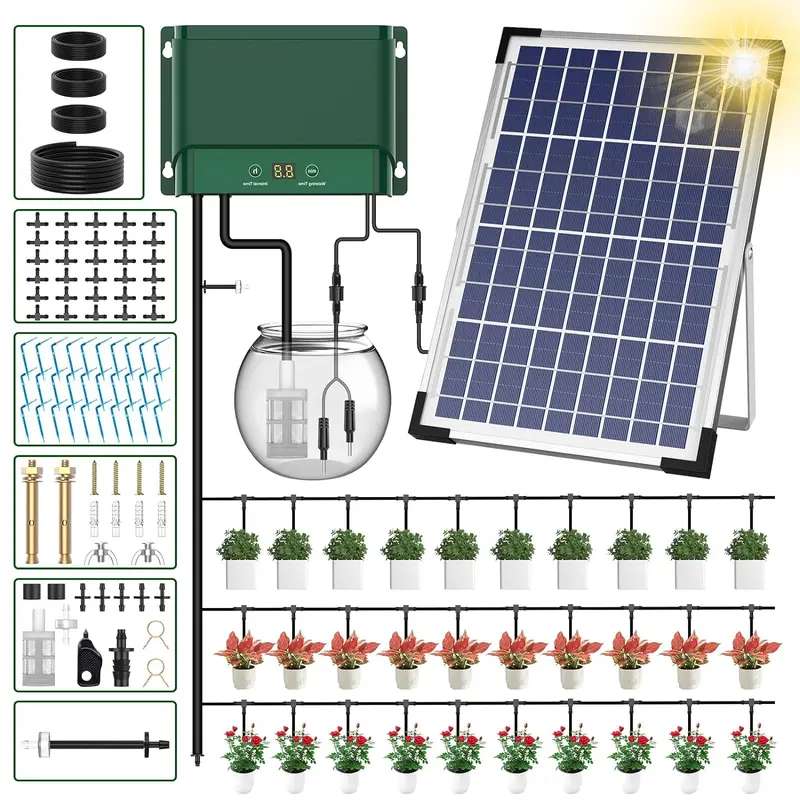 2025 Latest 10W High-Power Solar Irrigation System Kit - Automated Watering Equipment with 5m Main Hose, 5 Straight Joints, Adjustable Orientation, Anti-Siphon, Automatic Alarm, Customizable Modes for Garden Plant Beds, Balconies