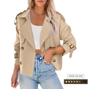 Danedvi Women Crop Double Breasted Trench Coat Raglan Sleeve Work Office Cropped Jacket With Pockets trench  coat  buttoned  top Casual Fabric