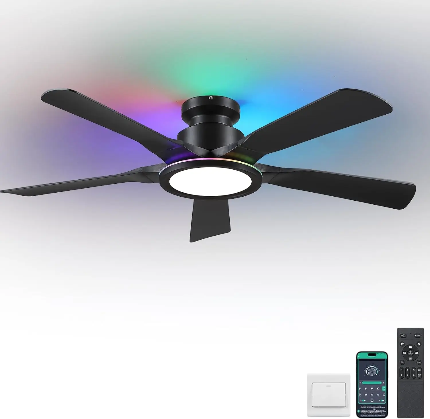 Kviflon 52-in Low Profile Flush Mount Ceiling Fan - Brushless DC Fan with 5 Reversible Curved Blades, Adjustable Dimmable RGB Mood Lighting, 3 CCT White Light, 6 Speeds, Remote/APP Control, Hook, Contemporary Design for Dining Room, Black