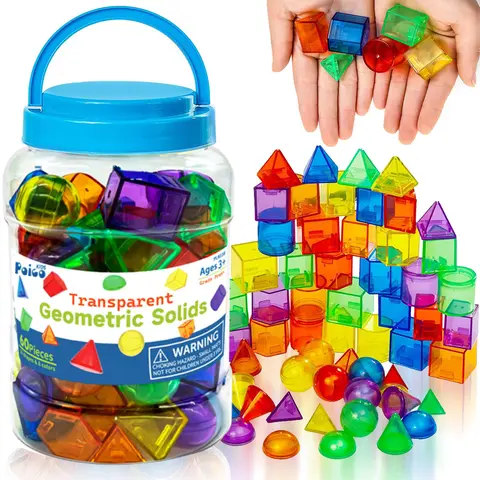 60 Pcs 3D Shapes for Teaching, Geometric Solids for Kids, Translucent Toys for Light Table, Math Manipulatives for Classroom, Sorting and Stacking Toys, Shape Sorter, Random Colors