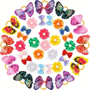 36PCS Color Multi Style Long Hair Dogs Bows Set with Rubber Bands Butterfly Flower Pearls Bowknot Elastic Dog Headdress Pet Hair Accessories