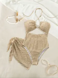 Women's Boho Style Two-Piece Swimsuit Set, Striped Design with Adjustable Strap & Cut-Out Detail, Perfect for Beach Vacations, Ruched Halter Swimsuit, Sea Fancy Swimsuits