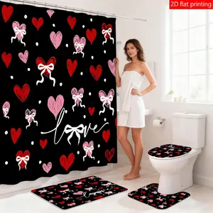 1PC/4PCS Love Pattern with Heart and Bowknot Waterproof Fabric Shower Curtain Set with 12 Hooks, Home Bathroom Decoration, Non-slip Bathroom Rug, U-shaped Toilet Mat, Toilet Lid Mat, Bathroom Decor, Bathroom Supplies