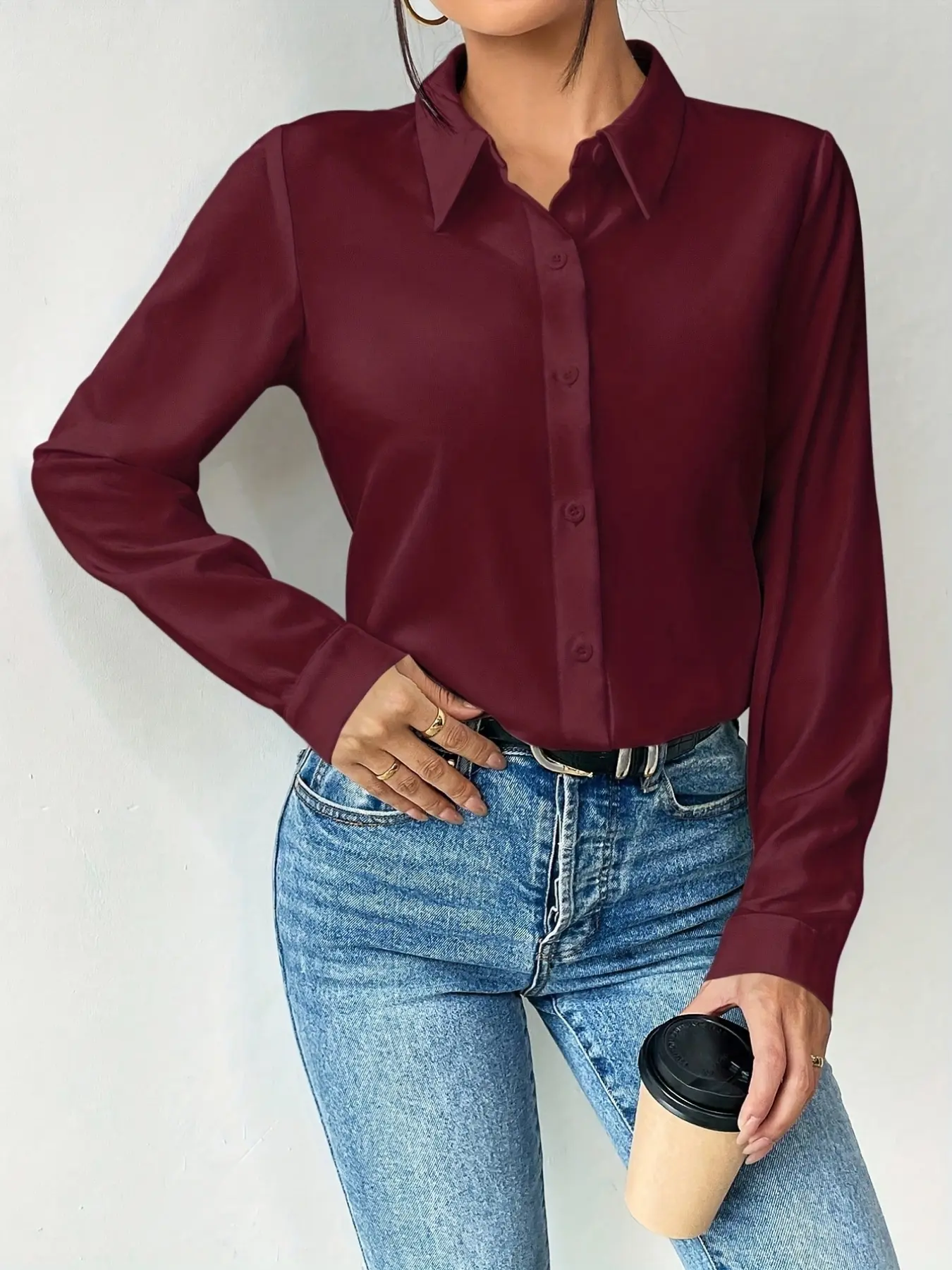 A fashionable and smooth satin professional Casual Long Sleeve Blouse shirt for women, with satin fabric that is skin friendly and suitable for commuting, shopping, and outdoor wear Top