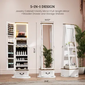 Miuvanity 5-in-1 360 Swivel Jewelry Cabinet with LED Light，Lockable Jewelry Mirror Cabinet，Standing Jewelry Armoire，Frameless Full-Length Mirror，3 Storage Shelves Gift Idea Decor，Mirror with storage