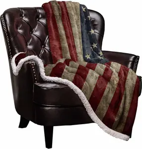 US Flag Sherpa Fleece Blanket, Super Thick and Warm Cozy Luxury Blanket 50"X60", Vintage American Flag Fourth of July Independence Day Themed Bed Blanket, Fluffy Microfiber Throw Blanket for Couch Roses Garden
