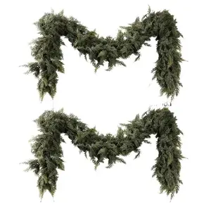 2pcs 6ft Cedar Garland with 180 Leaves Full Real Touch Festival Decoration Dense Foliage Rich Layers Ideal for Christmas Tables Firework Staircases Mantels Eco-Friendly & Durable - Ornaments