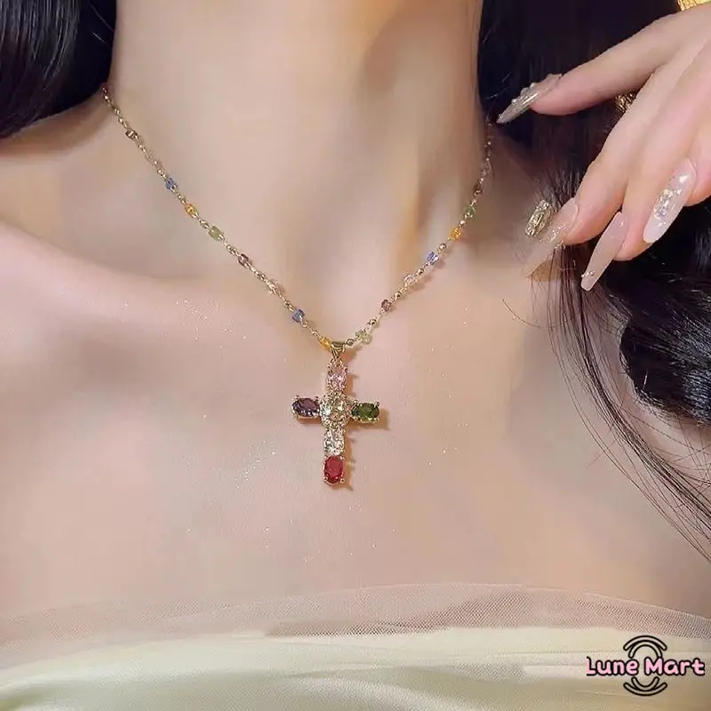 Women Colorful Zircon Cross Pendant Necklace, Rainbow Crystal Beaded Chain Dainty Gold Plated Necklace, Vintage Y2K Religious Cubic Zirconia Necklace for Women, Adjustable Fashion Jewelry for Daily Party Gift