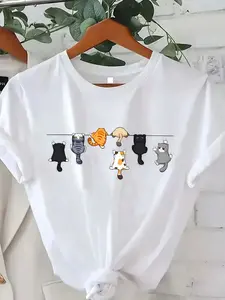 Women's Cute Cat Print Round Neck Short Sleeve Casual T-Shirt White Summer