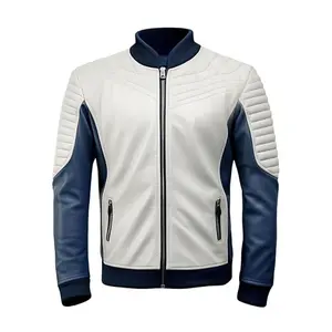 Men's Quilted Leather Motorcycle Jacket, White and Navy Blue, Full Zip Front, Ribbed Collar by Hide Crafts