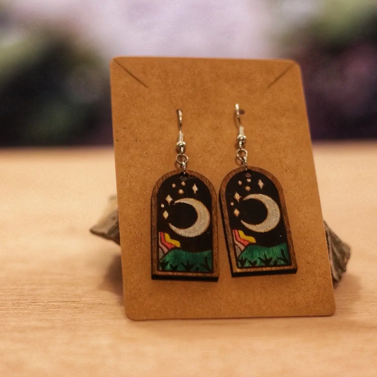 Handpainted Upcycled Wood Laser Engraved Earrings - Unique Design, Casual Style, Unisex, Hook Earrings, Wooden Material, Boho Accessory