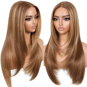 Wear and Go Glueless Wigs Pre Plucked Pre Cut for Beginners Honey Blonde Synthetic Lace Front Wigs For Woman Long layered straight Wigs with bangs 427 middle part wig 26 Inch