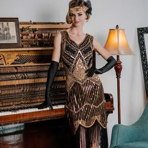 Retro Stage 1920s Vintage Elegant Sleeveless V-Neck Golden Sequin Fringe Dress for All Occasions Ballroom Skirt in Polyester with Side Zipper