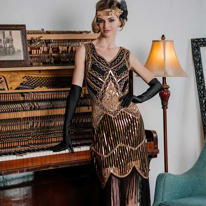 RETRO STAGE Women's 1920s Heritage-Inspired Formal Ballroom Dress, Sleeveless V-Neck Polyester Sequins Gold Fringed Mid-Length Skirt, Side Zipper, Gold Evening Dress for Key Occasions, Gold Evening Dresses, Fringed Evening Dresses