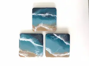 Square Beach Resin Art Coaster Set - Wooden Tableware with Beach Wave Design, Featuring Blue and Sandy Colors