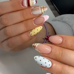 24pcs Long Almond Fake Nails, Nude Plaid Polka Dot Striped, Reusable, Multiple Sizes, Includes Jelly Glue and Nail File, Nail Art Design, Nail Art Supplies