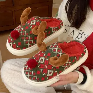 XIXITIAO Cute Fuzzy Christmas Reindeer Slippers for Women Men,Cartoon Autumn Winter Bedroom Footwear Indoor Outdoor,Soft Warm House Shoes Girl