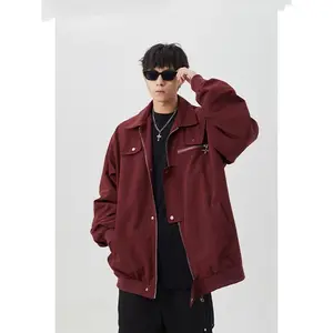 Men's Autumn High-Street Short Cargo Jacket, Trendy Vintage-Inspired Outerwear with a Chic Design, Wine Red for Effortless Styling
