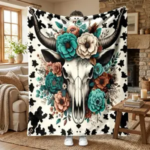 Western Bull Skull Floral Flannel Throw Blanket, Country-Rustic Cow Print Design, All-Season Cozy Polyester Cover