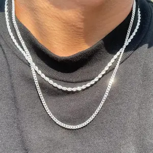 Trendy 2Pcs 3mm Chain Necklace for Men Layered Cuban Link Rope Necklaces Set Simple Jewelry Gift 18-28 Inches for Fashion