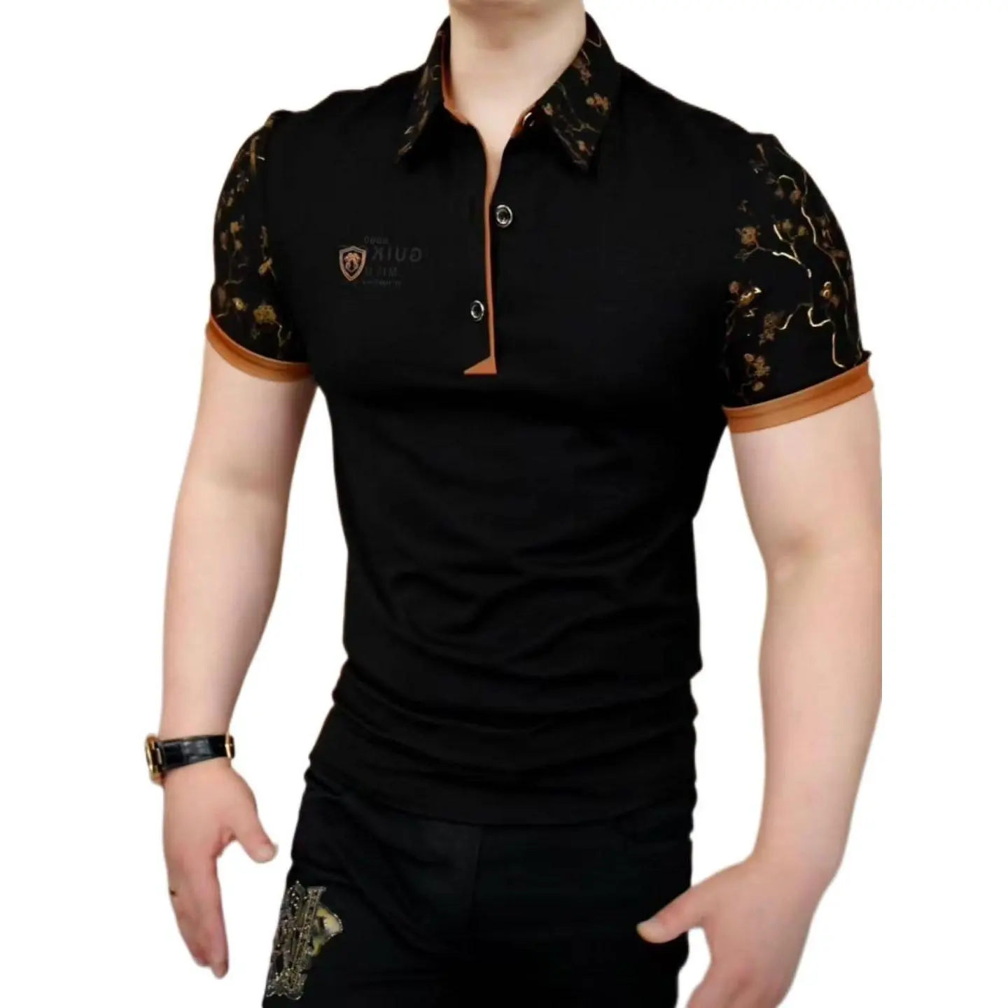 Menswear Men's High-end Short Sleeve Turn-down Collar Polo Shirt - 2025 Summer Gold Flower Print, Versatile Business Style, Suitable for Halloween, Thanksgiving