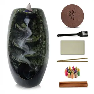 Ceramic Backflow Incense Holder Smoke Waterfall Burner Set with 120 Backflow Incense Cones, 30 Incense Sticks & Premium Accessories for Aromatherapy Home Decor (Green)