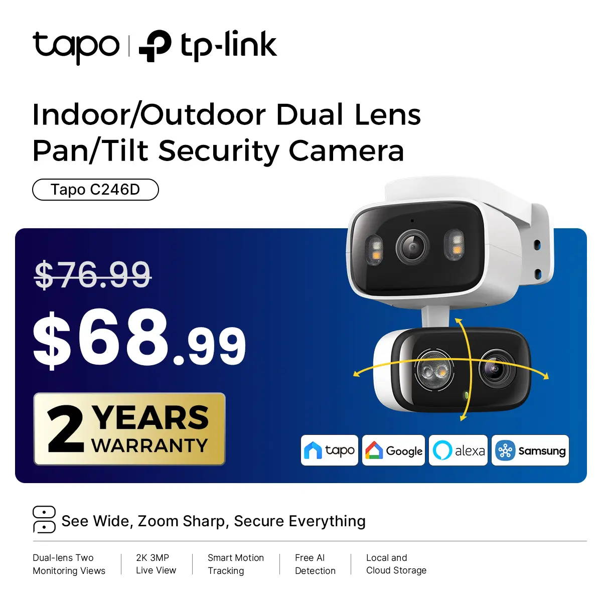 TP-Link & Tapo C246D HybridCam Duo 2K Dual Lens Pan/Tilt Indoor/Outdoor Security Camera with Wide Angle & Telephoto Lenses, Local & Cloud Storage, 360° Patrol, Custom Privacy Zones, Two-Way Audio, IP65 Weather Resistant  #SummerWins #DealsForYouDays