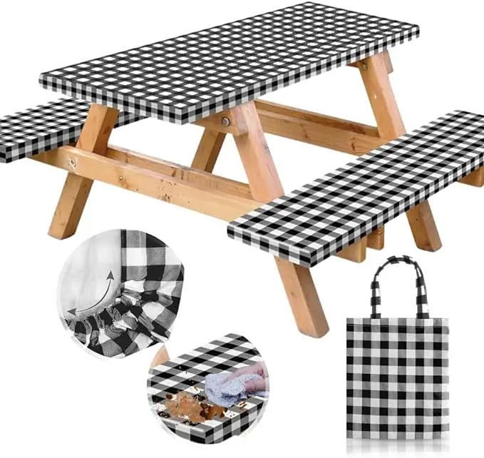 RNOONY Vinyl Picnic Table Cover with Bench Covers,3PCS Checkered Tablecloth , Camping Tablecloth and Travel Accessories, Flannel Backing, Outdoor Livi