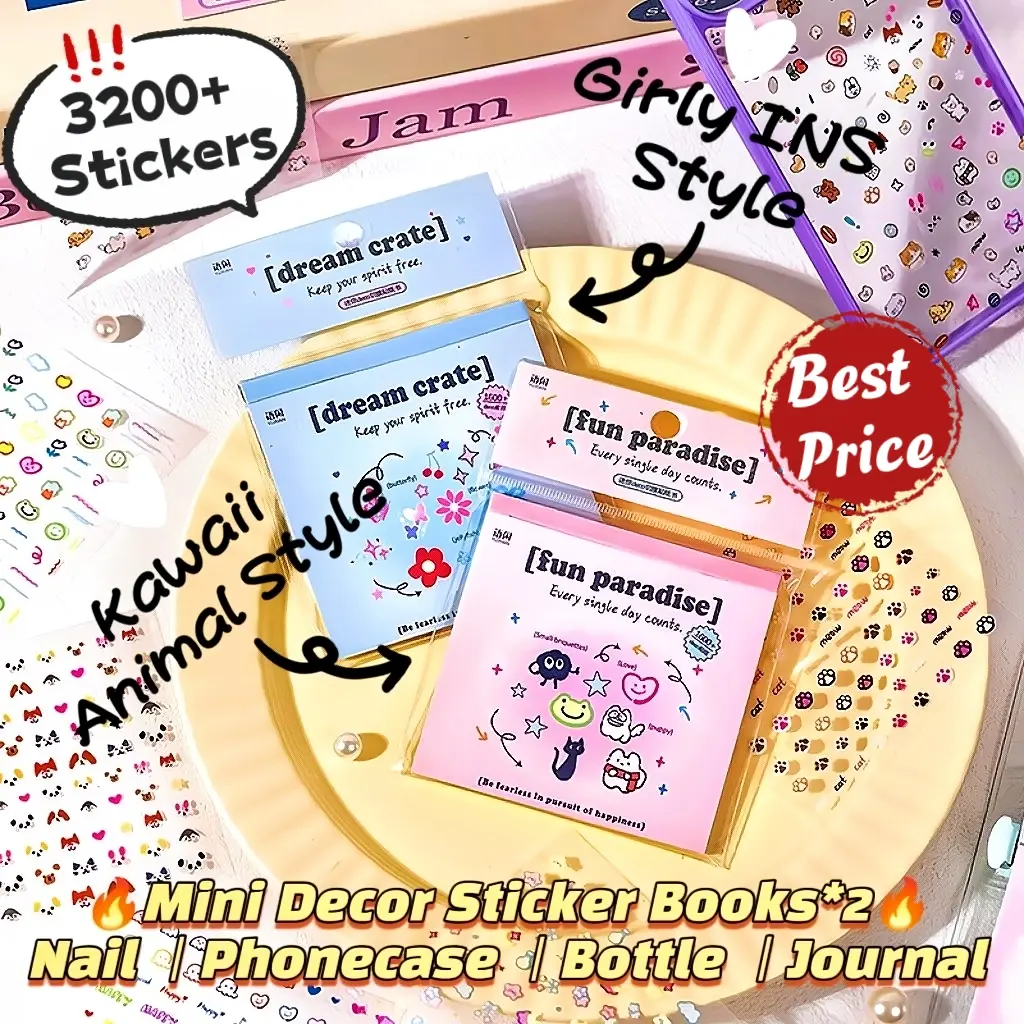 [Mini Deco Sticker Heaven] 2&3 Sticker Books Bundle Pack | Cute Animals, Girly Deco Element, Snacks Vibe | Girly Nail Stickers, Cute Scrapbooking, Used for Nail Art, Phonecase Sticker, Journal Supplies, Handmade Craft, Sticker Collection, Stationary