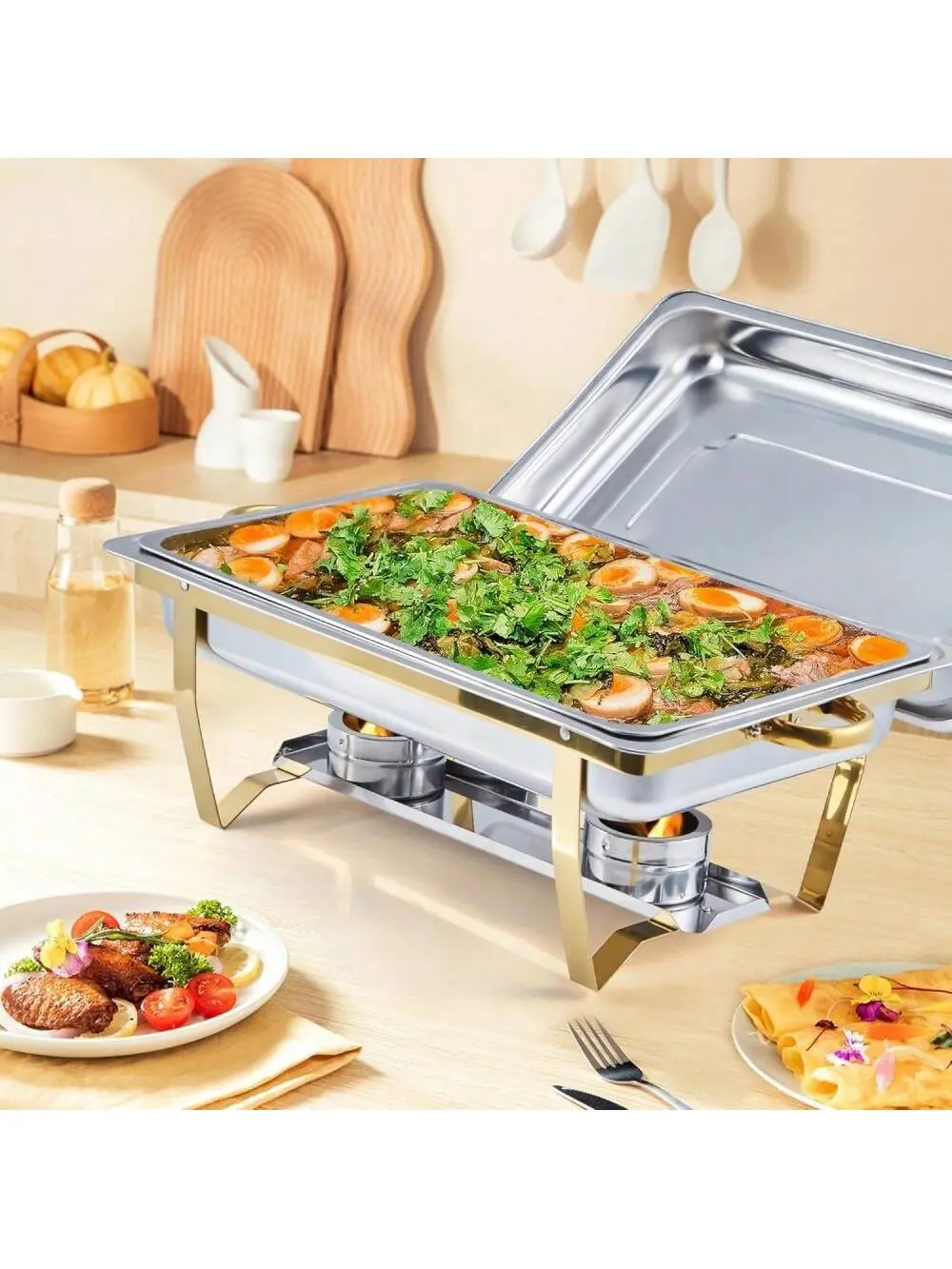 8Qt Gold Rectangular Durable Stainless Steel Chafing Dish Tray 2-Piece Commercial Catering Buffet Set, Kitchenware Food Servers with Lids, Foldable Frame, Temp Control, Serving for Corporate Events, Effortless Cleanup
