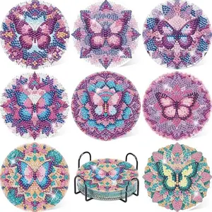 8-Piece Diamond Embroidery Coaster Set Butterfly Pattern (with Stand), DIY Diamond Art Craft Kit for Beginners, Home Decoration Gift, Diamond Painting Kits