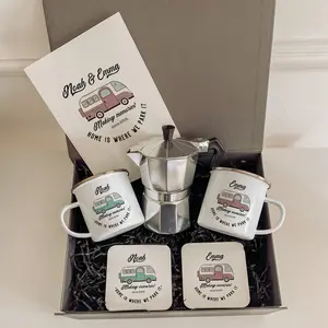 Campervan Enamel Camp Mug SET with coffee maker coaster card / Personalised motorhome Gift / His Hers Accessories Camping / Retro Caravan hgowz49i8glf