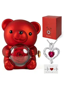 Romantic Teddy Bear Birthstone Necklace, Elegant Gift Box, Real Rose, Perfect for Women, Ideal for Valentine's Day, Wedding, Mother's Day, Anniversary, Birthday, Christmas